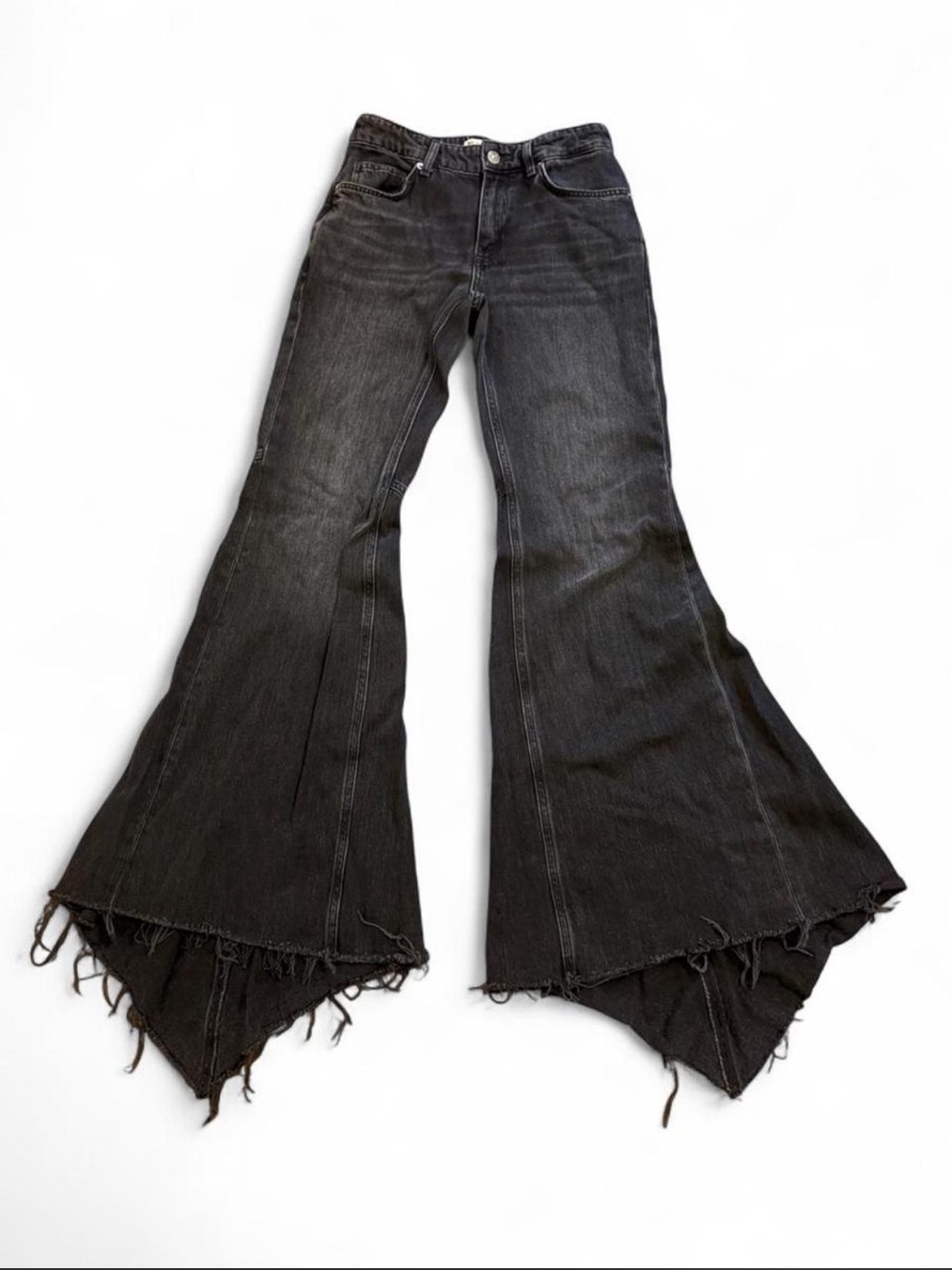 We The Free Black Washed Flare Jeans with Distressed Pointed Hems